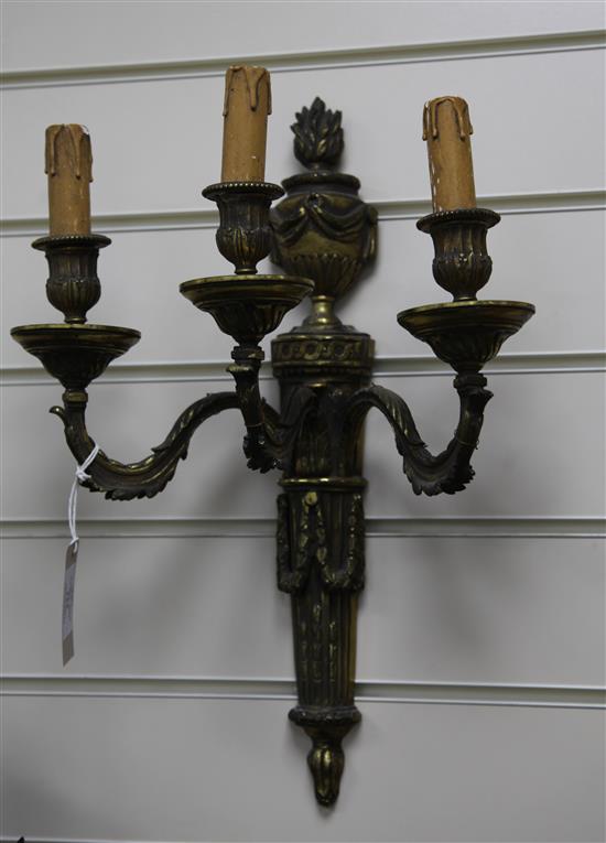 A pair of Louis XVI style ormolu wall lights, 17.25in.
